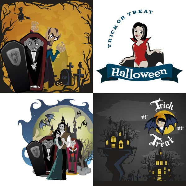 Halloween achtergronden instellen met vampire en hun kasteel onder de volle maan en begraafplaats, DRUCULAS monster in kist platte vectorillustraties, goed voor uitnodiging voor Halloween-feest of flyer, wenskaart — Stockvector