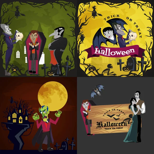 Sfondi di Halloween con vampiro e il loro castello sotto la luna piena e cimitero, mostro Draculas in illustrazioni vettoriali piatte bara, buono per invito festa di Halloween o volantino, biglietto di auguri — Vettoriale Stock