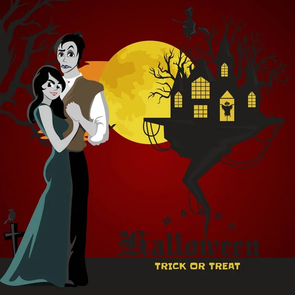 Halloween gothic party with vampire couple, fun background for horror invitation on vamp cosplay, dracula teeth and fangs on vector flyer, white man and woman nightlife poster or banner illustration — Stock Vector