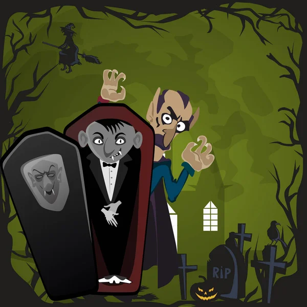 Halloween-Hintergründe mit Vampir und ihrer Burg bei Vollmond und Friedhof, Draculas Monster in Sarg flache Vektor-Illustrationen, gut für Party-Einladung oder Flyer, Grußkarte — Stockvektor