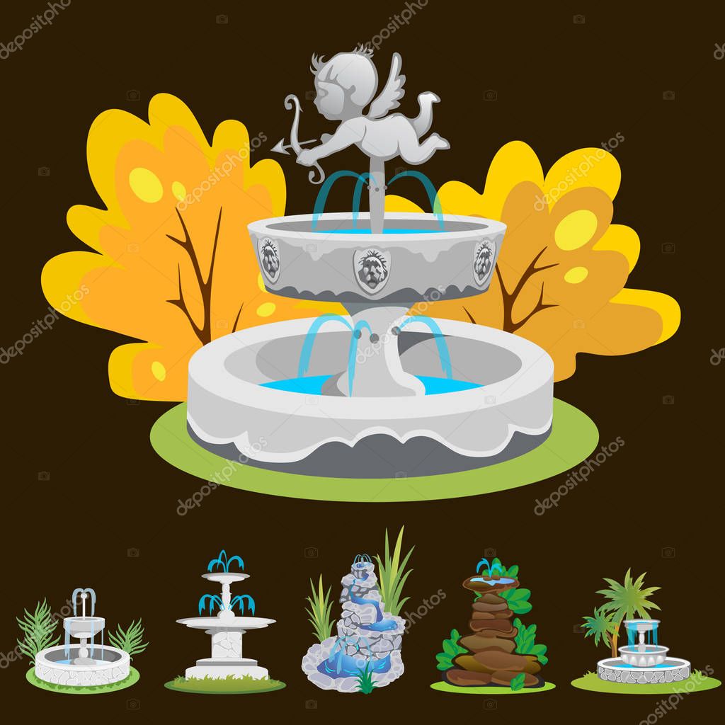 Set of outdoors fountain for gardening, spring and summer plants around garden waterfall, autumn back yard decorative stone statue vector illustration.