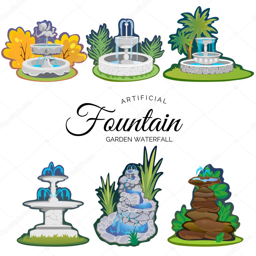 Set of outdoors fountain for gardening, spring and summer plants around garden waterfall, autumn back yard decorative stone statue vector illustration.