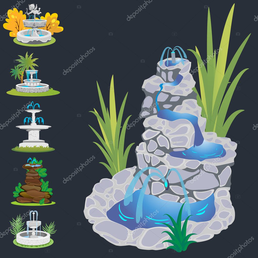 Set of outdoors fountain for gardening, spring and summer plants around garden waterfall, autumn back yard decorative stone statue vector illustration.