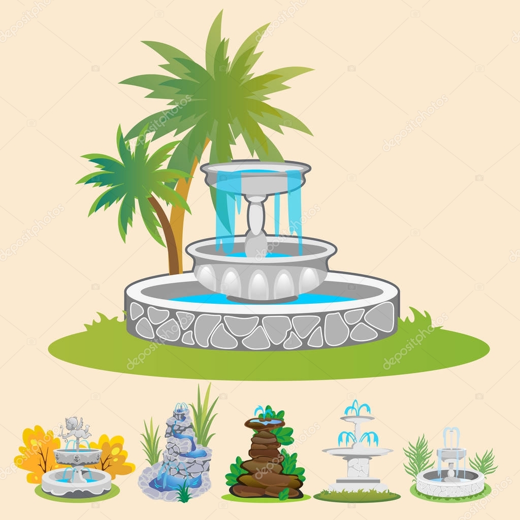 Set of outdoors fountain for gardening, spring and summer plants around garden waterfall, autumn back yard decorative stone statue vector illustration.