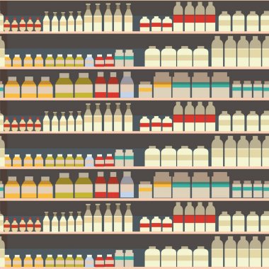 süt bölümü, süt raf süpermarkette, yemek salonu, yoğurt arka plan vektör çizim organik tarım ürünleri satışında büyük seçimi taze sağlıklı gıda ile Seamless Modeli.