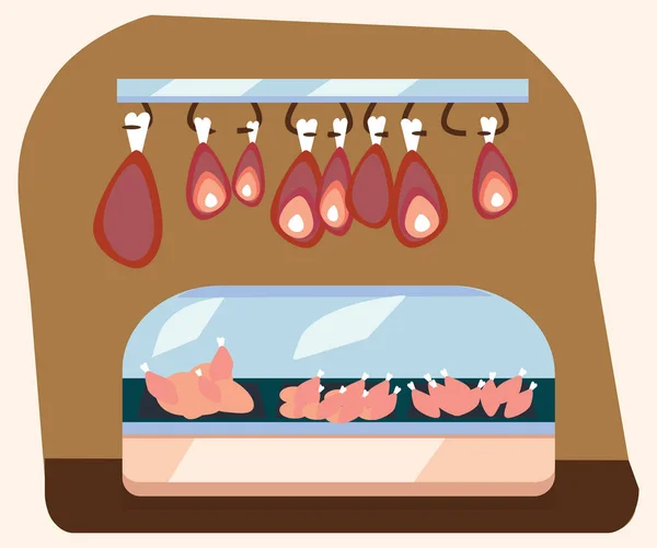Departamento de carne, estante de cerdo con carne fresca y carne de res alimentos en el refrigerador del supermercado, gran variedad de productos agrícolas orgánicos venta en el interior de la tienda de alimentos, tienda con ilustración de vectores de salchichas — Archivo Imágenes Vectoriales