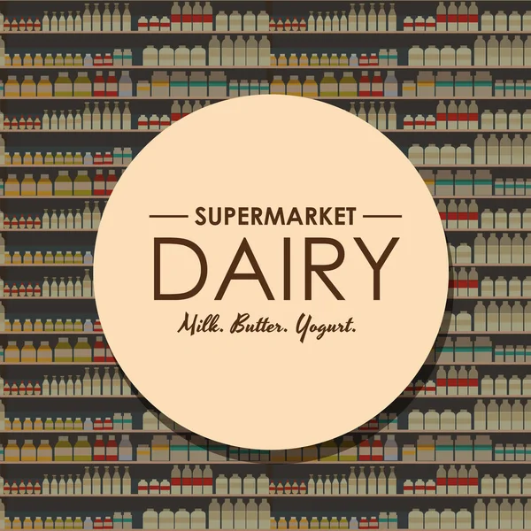 Departamento de lácteos, estante de leche con alimentos frescos y saludables en el supermercado, gran variedad de productos agrícolas orgánicos venta en el interior de la tienda de alimentos, tienda con yogur y queso vector ilustración — Archivo Imágenes Vectoriales