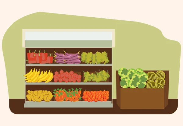 Estante de frutas y verduras con alimentos frescos y saludables en el supermercado, gran variedad de productos orgánicos venta en el interior de la tienda, ilustración del vector de la tienda — Archivo Imágenes Vectoriales