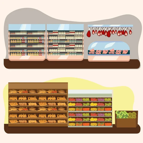 Süpermarket bölümler, meyve ve süt gıda malzemeleri Dükkanı, Pazar, ekmek fırın Dükkanı iç vektör çizim, et ve sosis buzdolabında raflarda bitkisel ürünler ile bakkal satır kümesi — Stok Vektör