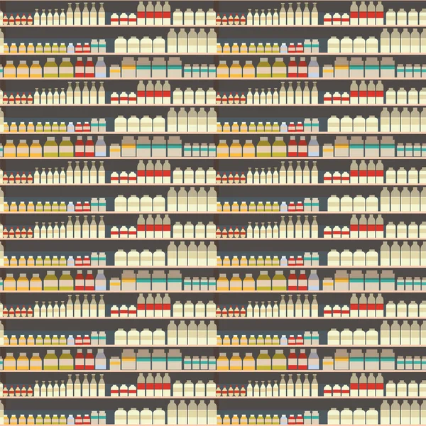 Бесшовный узор молочного цеха, молочная полка со свежими здоровыми продуктами питания в супермаркете, большой выбор органической сельхозпродукции в продуктовом магазине, векторная иллюстрация йогурта . — стоковый вектор