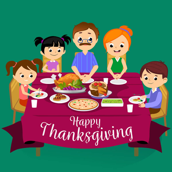 thanksgiving set, isolated happy family at the dinner table eat turkey drink wine. Mother father with childrens celebrate together traditional autumn holiday. People give thanks vector illustration