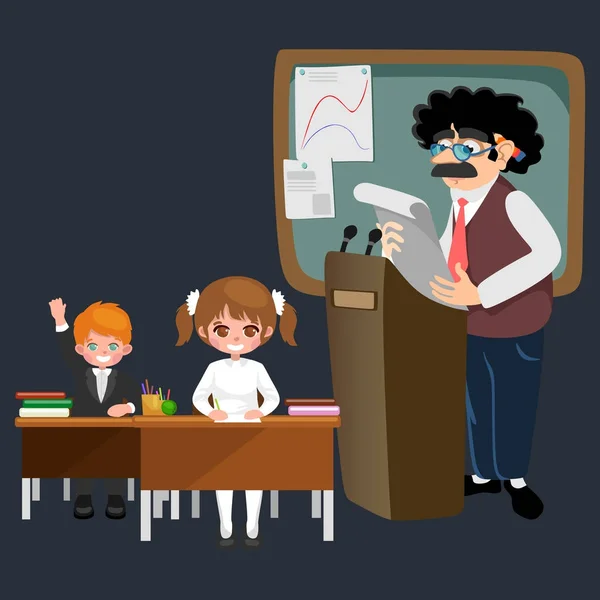 Ilustração professor e aluno, Menina e menino com professor em sala de aula da faculdade, vetor campus universidade, educação na escola conceito, professor alunos de ensino —  Vetores de Stock