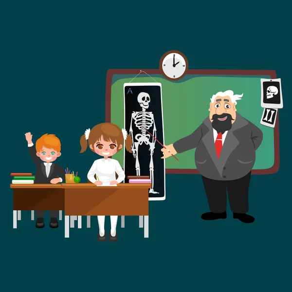 Ilustração professor e aluno, Menina e menino com professor em sala de aula da faculdade, vetor campus universidade, educação na escola conceito, professor alunos de ensino —  Vetores de Stock