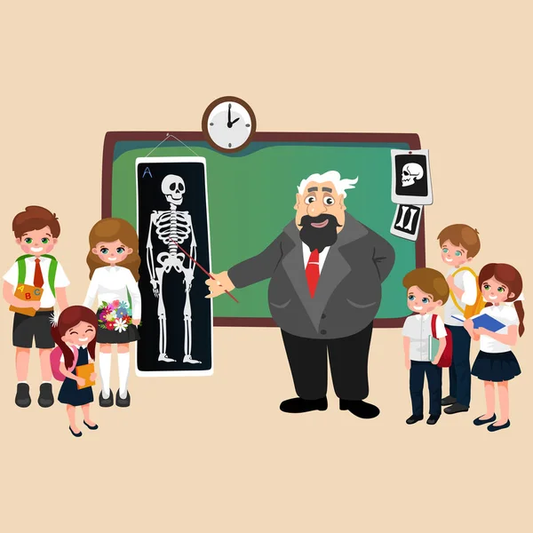 Professor and student illustration, Girl and boy with teacher in college classroom, vector campus university, education at school concept, lecturer teaching students — Stock Vector