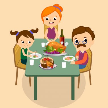 Şükran günü seti, izole mutlu aile yemek masasında yemek Türkiye şarap içeriz. Çocuk ile anne baba kutlamak birlikte geleneksel sonbahar tatil. İnsanlar vermek teşekkür vektör çizim