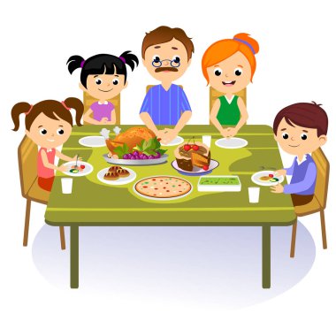 Şükran günü seti, izole mutlu aile yemek masasında yemek Türkiye şarap içeriz. Çocuk ile anne baba kutlamak birlikte geleneksel sonbahar tatil. İnsanlar vermek teşekkür vektör çizim
