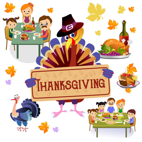 thanksgiving set, isolated happy family at the dinner table eat turkey drink wine. Mother father with childrens celebrate together traditional autumn holiday. People give thanks vector illustration