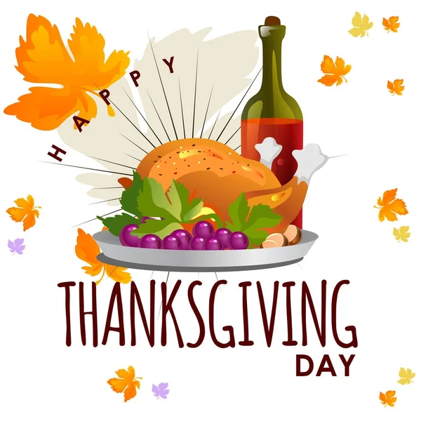 Rostad hel kyckling eller kalkon sauced och grillade höstens grönsaker, vin isolerad på vit bakgrund med gul, orange blad. Thanksgiving Day matkoncept — Stock vektor