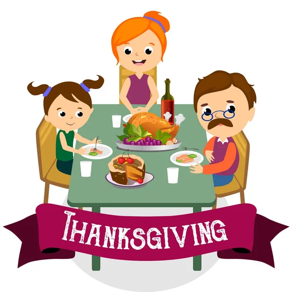 感恩节, 孤立幸福的一家人在饭桌上吃火鸡喝葡萄酒。爸爸妈妈和孩子一起庆祝传统的秋季节日。人们给感谢矢量插图 — 图库矢量图片