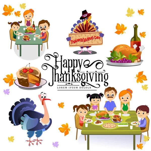 Thanksgiving set, geïsoleerde gelukkige familie aan tafel eten Turkije drinken wijn. Moeder vader en kinderen vieren samen traditionele herfstvakantie. Mensen geven dank vectorillustratie — Stockvector