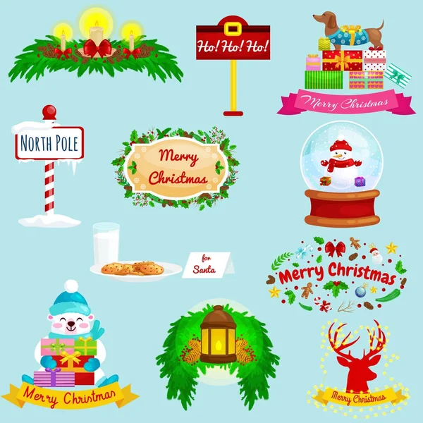 Conjunto de tarjetas de felicitación Feliz Navidad y un Feliz Año Nuevo con linterna, las luces en cuernos de reno, dulces en regalos de muñeco de nieve otras mascotas como perro oso — Vector de stock