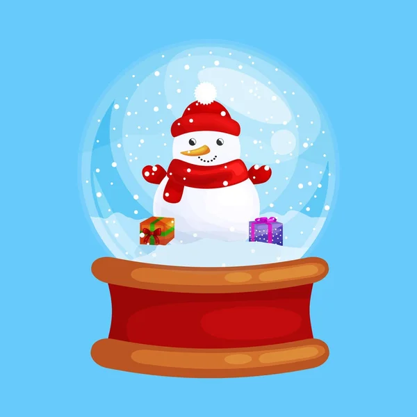 Natal boneco de neve segurando presente no globo de vidro para xmas, decoração de férias de inverno, branco no chapéu e cachecol celebração ano novo vetor ilustração — Vetor de Stock