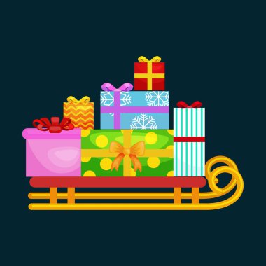 Noel hediyeleri yığınındaki kızağa kutusunda, kış tatili xmas hediyesi şerit vektör çizim ile süslenmiş.