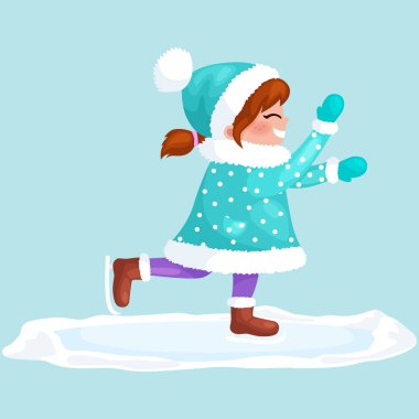Kız Açık paten buz izole, eğlenceli kış tatil aktivitesi, neşeli Noel ve mutlu yeni yıl vektör çizim