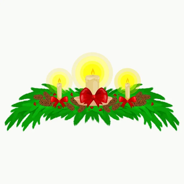 Christmas decorations such as candles on the branches of spruce beautifully decorated with bows and ribbons. Merry   Happy New Year vector illustration illuminated by candle light — Stock Vector