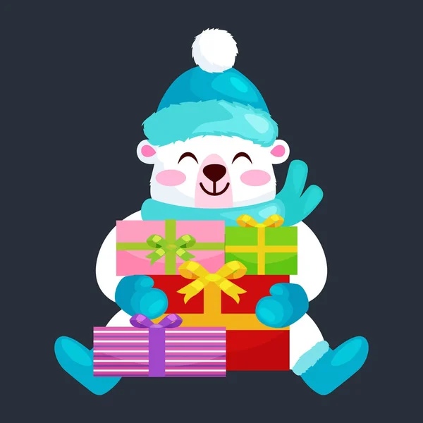 Bonitos osos de Navidad durante las vacaciones de invierno y la víspera de Año Nuevo sentado regocijar regalos. Peluche en ropa cálida mitones, bufandas botas sombrero alegría feliz vector ilustración — Vector de stock