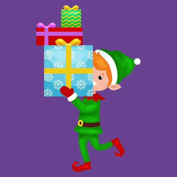 Різдво ельф ізольовані стек подарунків в поле в зелений костюм, помічник Діда Мороза, хлопчик помічник для щасливого нового року — стоковий вектор