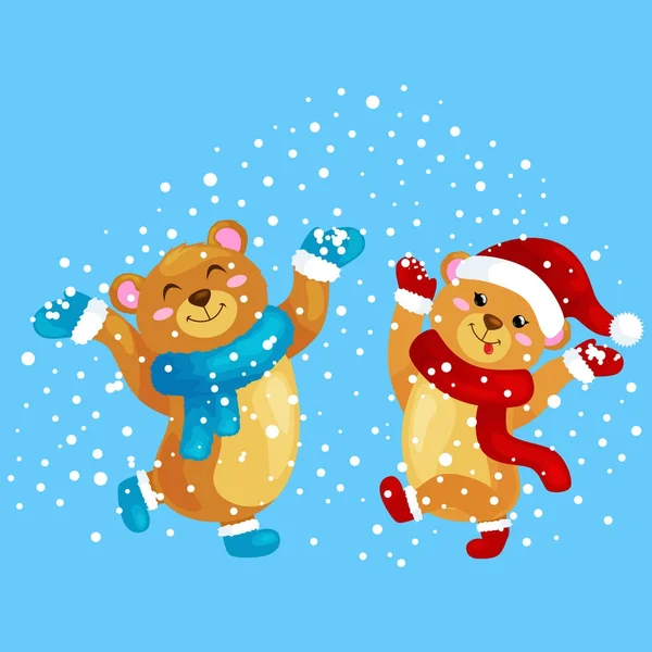 Bonitos osos de Navidad durante las vacaciones de invierno y el salto de Nochevieja bajo las nevadas regocijan los regalos. Peluche en ropa cálida mitones, bufandas botas sombrero danza para la alegría vector ilustración — Archivo Imágenes Vectoriales