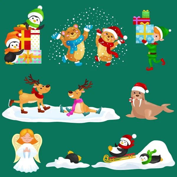 Ilustración set animales vacaciones de invierno Polo Norte pingüinos presenta y trineo por las colinas, osos bajo la nieve elfos cajas, patinaje de ciervos, morsa en el sombrero, vector angel.Merry Navidad Feliz Año Nuevo — Vector de stock