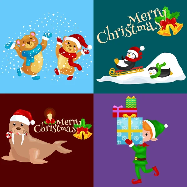 Illustration set animals winter holiday North Pole penguins presents and sledding down the hills,bears under snow elf boxes,walrus in hat.Merry Christmas  Happy New Year — Stock Vector