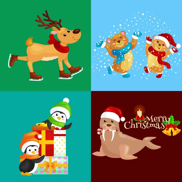 Illustration set animals winter holiday North Pole penguins with presents and bears under snow, deer skating, walrus in hat.Merry Christmas  Happy New Year — Stock Vector