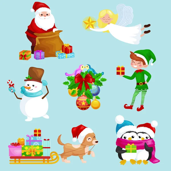 Papai Noel saco cheio de presentes, asas de anjo estrela varinha mágica, boneco de neve doces, decoração fitas bolas pássaros, cão de estimação no trenó, pinguins elfo Vetor ilustração Feliz Natal e Feliz Ano Novo — Vetor de Stock