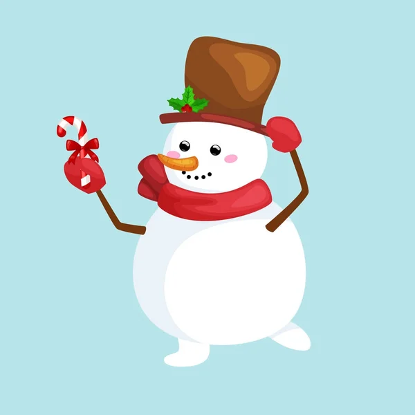 Bonhomme de neige blanc de Noël en chapeau et écharpe avec des bonbons pour la célébration nouvelle illustration vectorielle de l'année — Image vectorielle