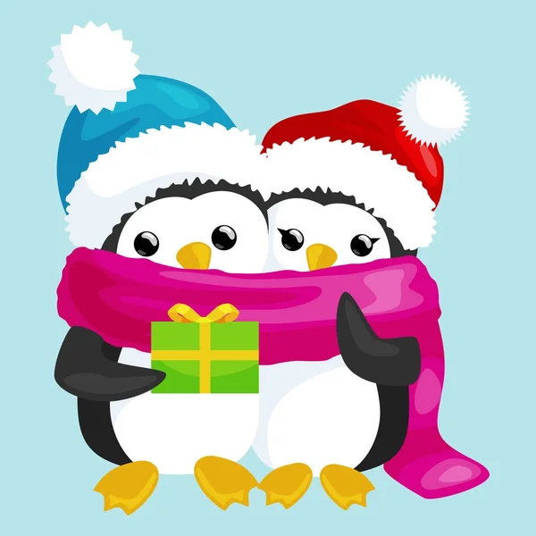Два счастливых милый пингвин Рождество в шляпе и шарф стопка подарков накануне нового года. Векторная иллюстрация с подарками и животными — стоковый вектор