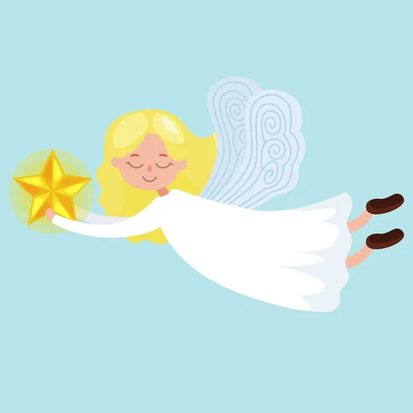 Natal feriado anjo voador com asas e trompete de ouro como símbolo na religião cristã ou ilustração vetor ano novo — Vetor de Stock