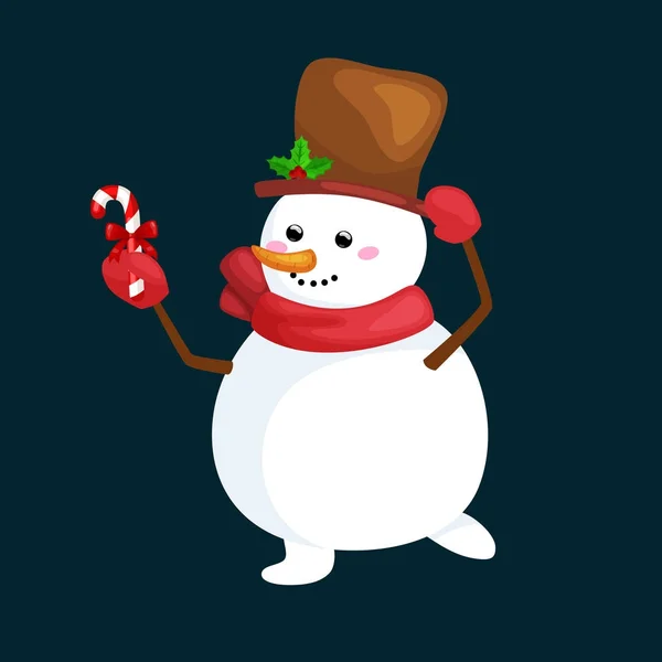 Şapka ve atkı kutlama yeni yıl vektör çizim için şeker ile Noel beyaz kardan adam — Stok Vektör