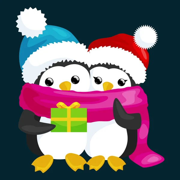 Dos pingüino de Navidad lindo feliz en sombrero y bufanda son un montón de regalos en la víspera del año nuevo. Ilustración del vector de saludo con regalos y animales — Vector de stock