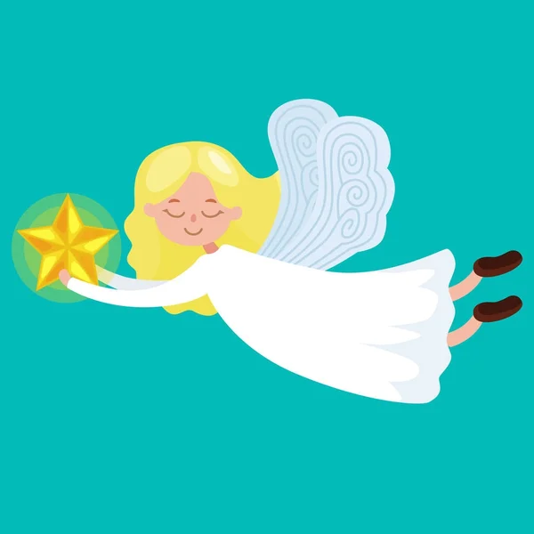 Julhelgen flygande ängel med vingar och gyllene trumpet som symbol i kristen religion eller nyår vektorillustration — Stock vektor
