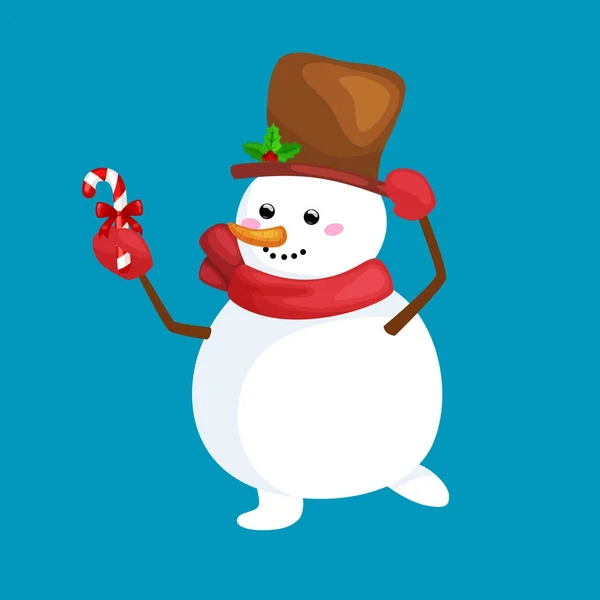 Bonhomme de neige blanc de Noël en chapeau et écharpe avec des bonbons pour la célébration nouvelle illustration vectorielle de l'année — Image vectorielle