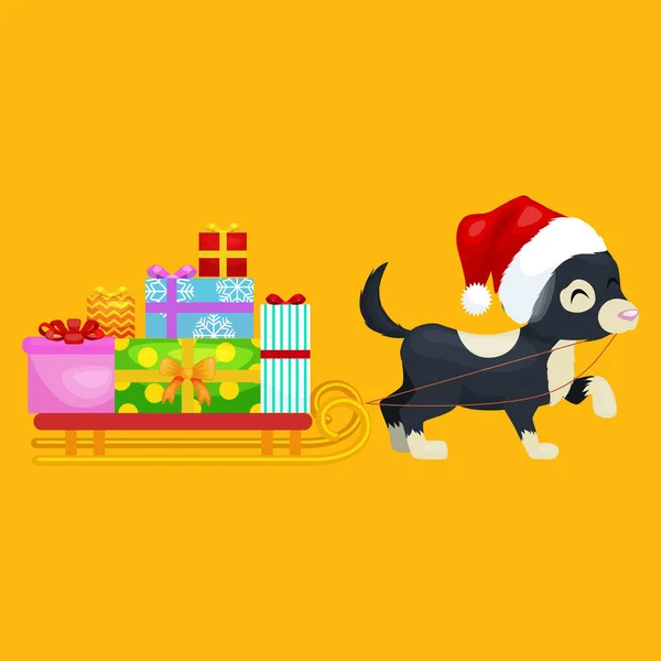 Feliz Natal cães na pilha de presentes, presentes xmas para animais ilustração vetorial — Vetor de Stock