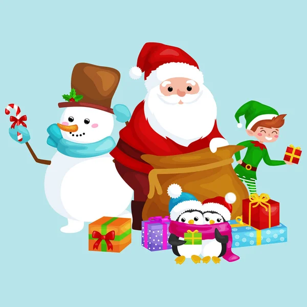 Santa Claus pytel plný dárků, bonbóny sněhulák, dekorační stuhy, tučňáci s dárky a elf vektorové ilustrace Veselé Vánoce šťastný nový rok — Stockový vektor
