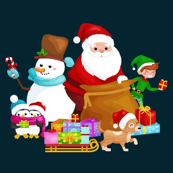 Weihnachtsmann-Sack voller Geschenke, Schneemannbonbons, Dekorationsbänder Streichelhund im Hut mit Geschenk im Schlitten, Pinguin-Elfenvektorillustration frohe Weihnachten und ein gutes neues Jahr — Stockvektor