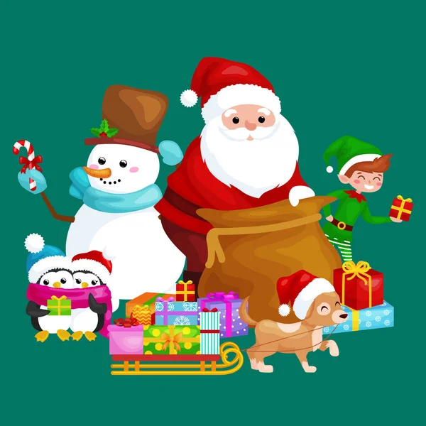 Мешок Санта-Клауса, полный подарков, конфет снеговика, декоративных лент, собака в шляпе с презентацией в санях, иллюстрация эльфов-пингвинов С Рождеством и Новым годом — стоковый вектор