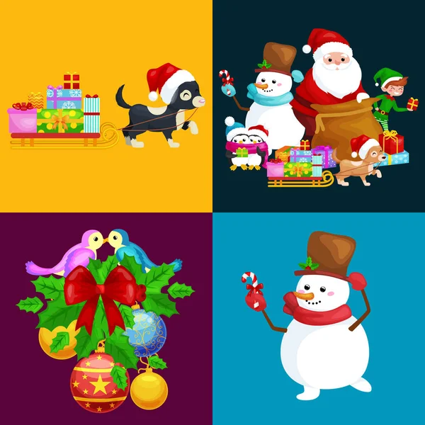 Santa Claus saco lleno de regalos, muñeco de nieve dulces, cintas de decoración perro mascota en sombrero con presente en trineo, pingüinos elfo Vector ilustración Feliz Navidad y Feliz Año Nuevo — Vector de stock