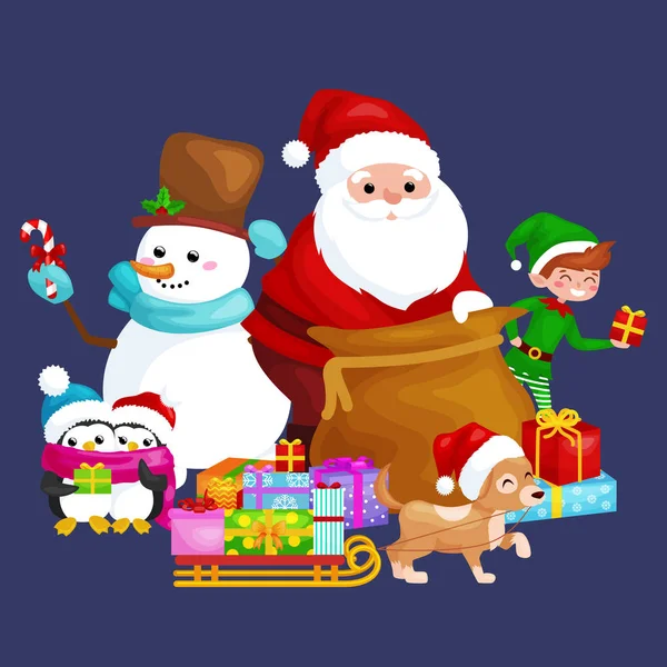 Santa Claus saco lleno de regalos, muñeco de nieve dulces, cintas de decoración perro mascota en sombrero con presente en trineo, pingüinos elfo Vector ilustración Feliz Navidad y Feliz Año Nuevo — Archivo Imágenes Vectoriales