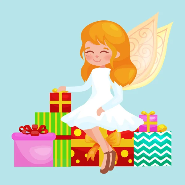 Ángel de la muchacha del día de fiesta de Navidad con alas y caja de regalos como símbolo en la religión cristiana o ilustración del vector del año nuevo — Vector de stock